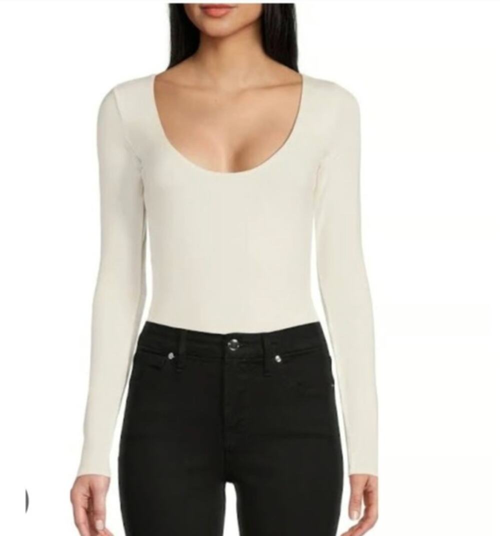 Good American Sculpting Ivory Scoop Neck Long Sleeve Thong Bodysuit NWT Size 2